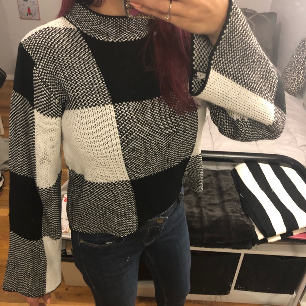 Plaid Funnel Neck Sweater